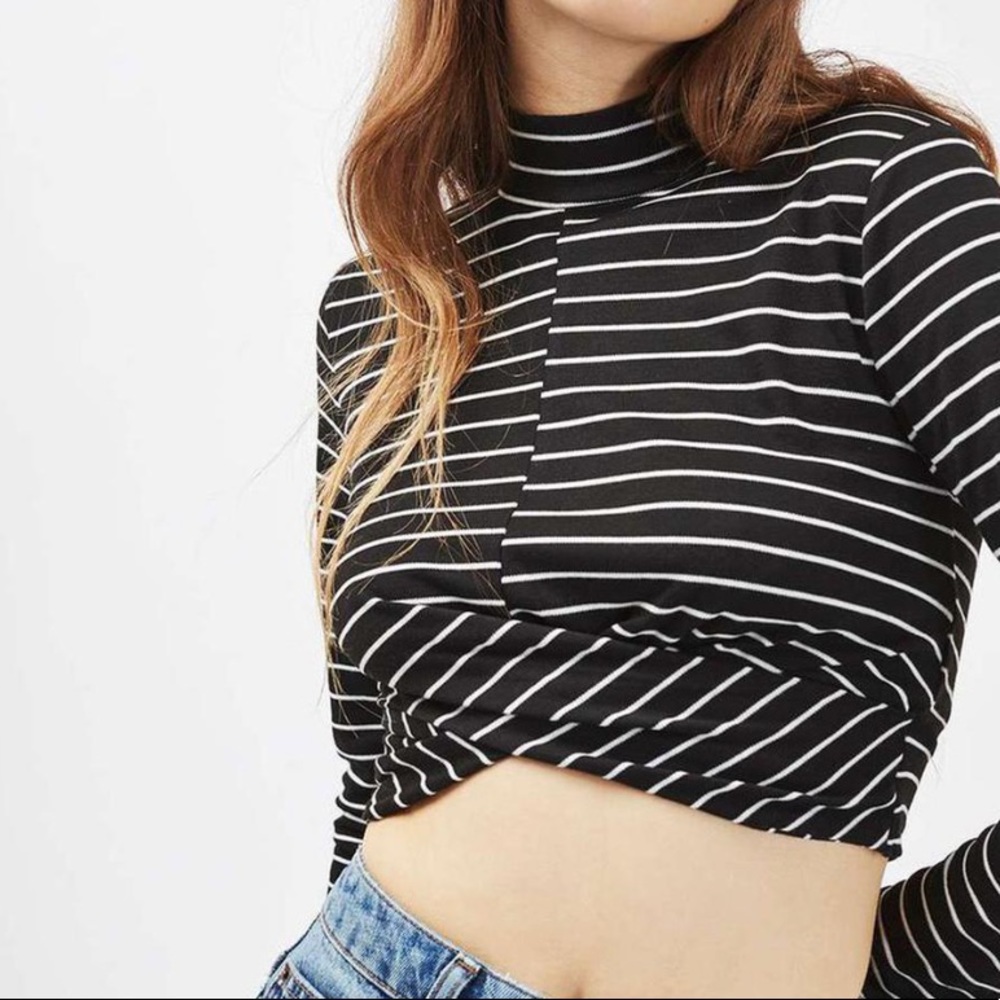 Topshop • Black & White Striped Wrap Crop Top Long Sleeve